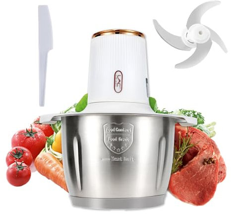 Robot de cuisine avec poignée, hachoir à viande 12 tasses avec bol en acier inoxydable 300 W, 3 vitesses, 1 spatule 4 pour aliments pour bébés, viande, légumes, fruits