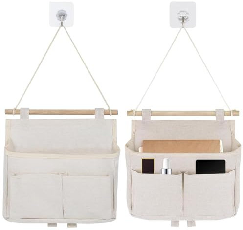 2 Stück Hängeorganizer, Organizer Hängend, Hängende Aufbewahrungstasche, Hängeorganizer Bad, Leinen Wand Organizer Hängend, Wandorganizer, 3 Fächer mit Klebriger Haken, für Home, Office, Bad, Weiß