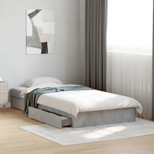 vidaXL Engineered Wood Bed Frame with Drawers-Contemporary Single Bed-90x200 cm-Concrete Grey with Plywood Slats & Storage