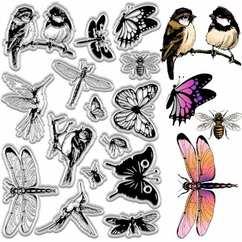 craspire Transparente Stempel Mit Schmetterlings Motiv Vogel Zweig Libelle Biene Insekten Vintage Wiederverwendbar PVC Hintergrund Poststempel Transparentes Silikon Stempelsiegel Für Heimwerker