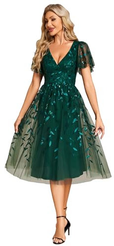 Ever-Pretty Prom Dress Leaf Sequin Short Sleeve Tulle Midi Wedding Guest Dress Dark Green 16UK