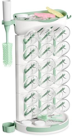 Momcozy Baby Bottle Drying Rack for 18 Bottles, Space Saving Countertop Vertical Rack for Baby Accessories & Pump Parts, Detachable Travel Drying Rack with Brush Holder