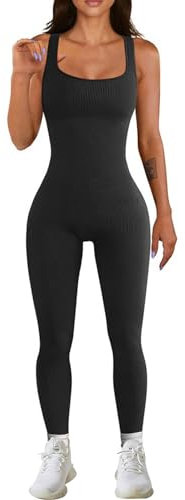 Bodycon Jumpsuit for Women UK, Sleeveless Square Neck Black Jumpsuit, Seamless Ribbed Stretchy Romper for Fitness Yoga Workout (Black, L)