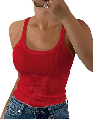 DUOEASE Top Mujer 2025 Basicas Slim fit Cuello Crew Costilla Camiseta de Tirantes Elástica Ropa Verano Azul-XS
