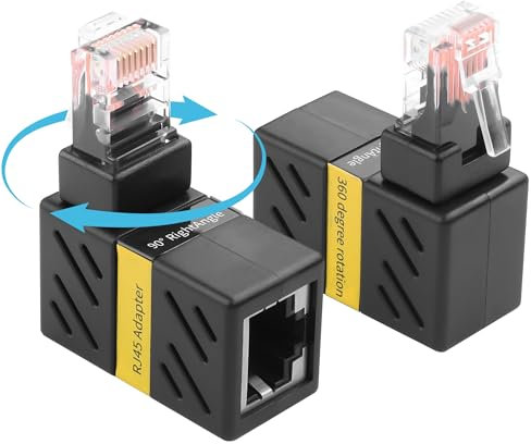YACSEJAO Lot de 2 adaptateurs Ethernet à rotation à 360°, adaptateur d'extension réseau Cat5/Cat6 à angle droit à 90 degrés, connecteur Gigabit RJ45 mâle vers femelle
