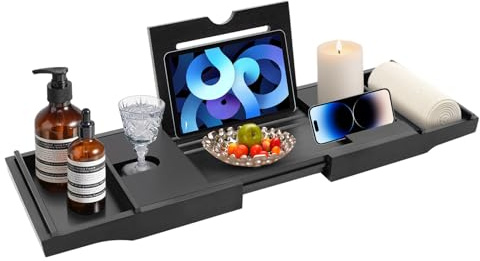 Badewannenablage Erweiterbar Bambus Multifunktion für Wein Tablet Handtuch 75-111cm 10kg Schwarz