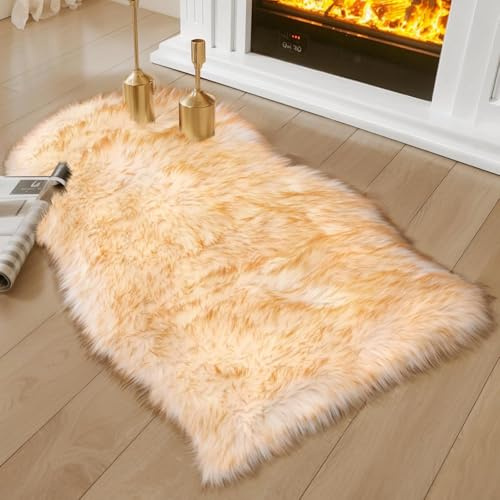JXLOULAN Faux Lammfell Schaffell Teppich Gradient Braun 40x60 cm, Longhair Flauschiger Fell Teppiche Wohnzimmer Deko Weicher für Stühle Sofa Schlafzimmer Kinderzimmer