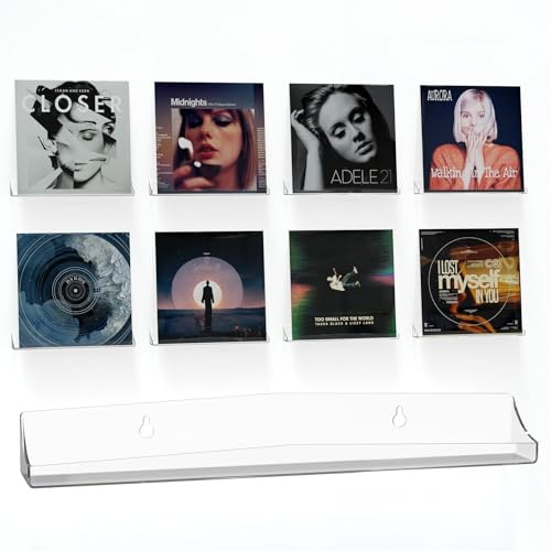 bruwaa 8 Pack Floating Shelves for Vinyl Record,12 inch Clear Acrylic Vinyl Record Holder Storage Shelf Display, Shelf Wall Mount for Vinyl Record/Book/Photo/Picture in Bedroom, Living Room,Bathroom