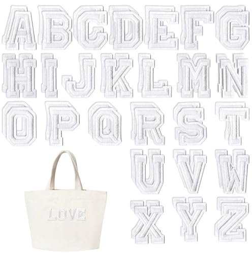 Iron on Letters for Clothing, 52 Pcs White Iron on Letter Patches Alphabet A-Z Embroidered Patches with Ironed Adhesive Decorative Sew on Letters Patch for Jackets, Coats, Shirts, Hats, Bags, Jeans