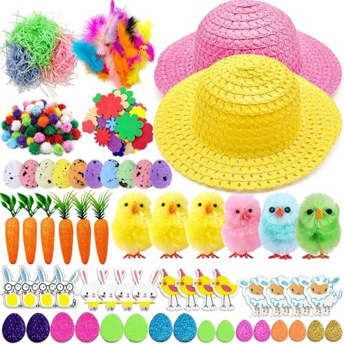 Lubibi Easter Bonnet DIY Kit Craft Kit, 2 Straw Hats, Eva Patches, Glitter Carrots, Eggs, Chicks, Shredded Paper, Perfect for Easters Crafting, Decorations and Gifts