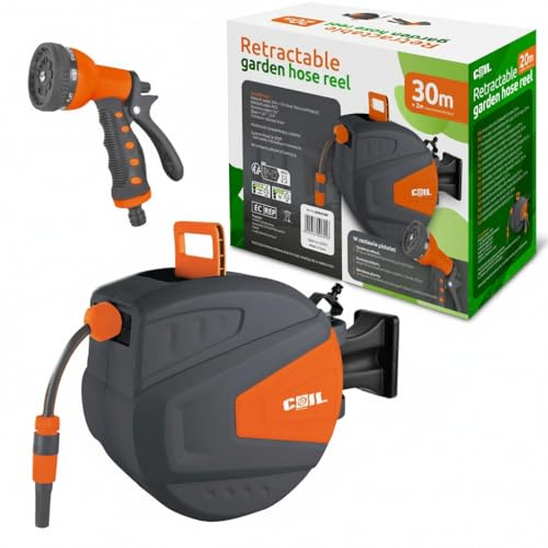 COIL Gartenschlauch, Automatische Schlauchtrommel, Wandmontage, Smart Stop, 9 Sprühfunktionen, inkl. Spritzpistole, 2m Zulaufschlauch, 30m