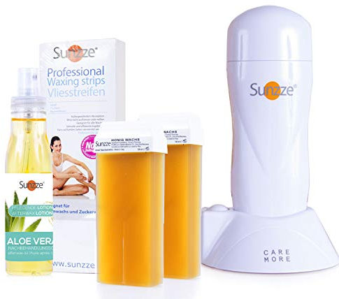 Sunzze Warmwachs Roll-On Set, Wachspatronenerhitzer mit 2 Wachspatronen, Vliesstreifen und After Wax Lotion (Set Honig)