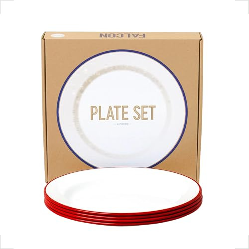 Falcon Enamelware 24cm Premium Dinner Plates Set of 4 - Elegant White with Red Rim, Durable Enamel Finish - Perfect for Dinner Parties, Camping Trips, Outdoor Dining & Everyday Home Use