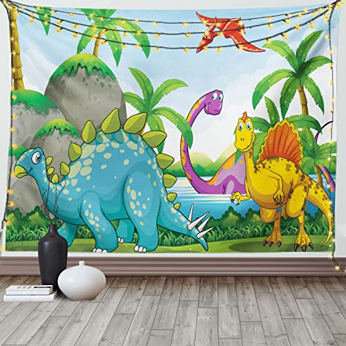 ABAKUHAUS Natur Wandteppich, Dinosaurier im Dschungel aus Weiches Mikrofaser Stoff Waschbar ohne Verblassen Digitaldruck, 150 x 110 cm, Aqua