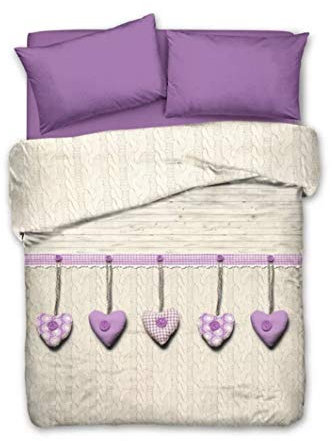 ITALYSWEETHOME COPRILETTO Estivo Cuori APPESI Piquet di Cotone Lilla (Matrimoniale)
