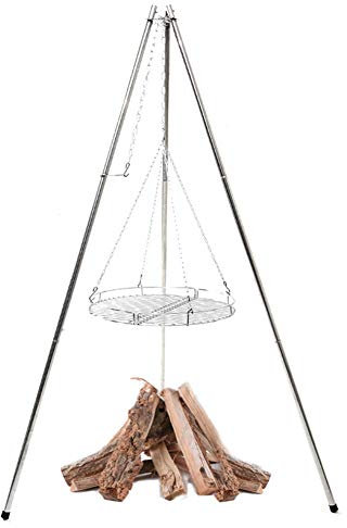 MNSSRN Outdoor Tripod Stainless Steel Tripod, Barbecue with Grill Net, Campfire Party/Camping/Meal, BBQ Campfire Hanging Pot Bracket (145 * 95Cm)