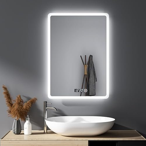 HY-RWML Badspiegel 50x70cm Wandspiegel Badezimmerspiegel Uhr 3 Lichtfarbe mit Beleuchtung Touch Schalter Rechteckiger Warmweißes Kaltweiß 6500K Energieklasse Badezimmer Wohnzimmer