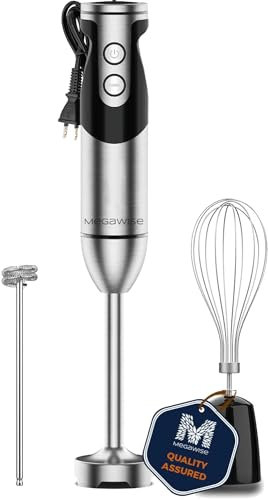 Megawise Pro Titanium Enhanced 3 - en - 1 mélangeur à main, moteur puissant, lame tranchante 80%, mélangeur à câble 12 vitesses, batteur et mousseur de lait inclus (noir)