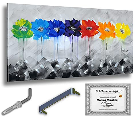 Monica Mirafiori I 100% HANDGEMALT I Gemälde Bunte Mohnblumen 120x60cm | Gemälde Handgemalt | Acrylgemälde | Sehr Großes Acrylbild I Moderne Kunst I Kunstbilder