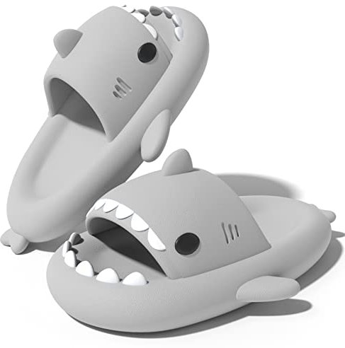NIBESSER Shark Sliders, Super Comfy Soft Cloud Slippers for Women Men Bathroom Pillow Slippers Summer Non-Slip Quick Dry Shower Sandals Open Toe Cute Cartoon Chunky Sliders Indoor Outdoor(Grey)