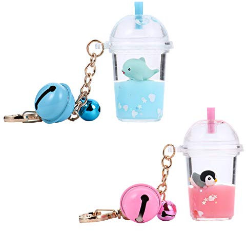 ABOOFAN Key Accessories Bottle Keychain 2PCS Tea Keychain with Liquid Quicksand Keychains Animal Bubble Tea Keychain Acrylic Tea Bag Pendants Bell Key Chain Backpack Accessories