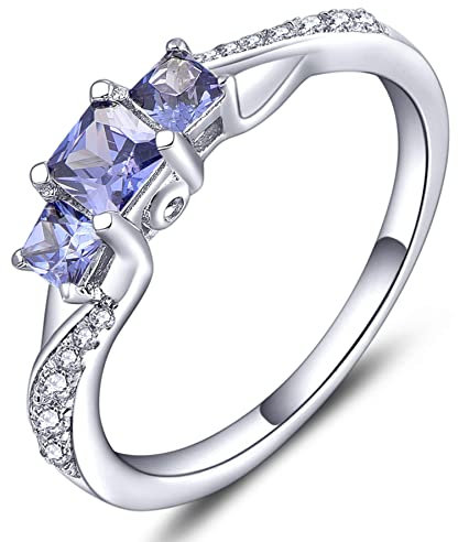 YL Verlobungsring 925 Sterling Silber Prinzessin geschnitten Dezember Geburtsstein Tansanit 3 Stein Ehering für Damen Braut(Größe 54)