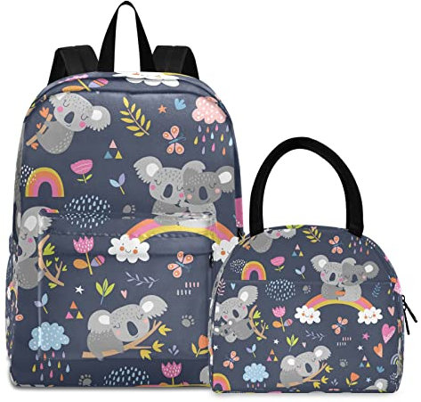 ISAOA Niedliches Koala-Regenbogen-Blumen-Set für Jungen und Mädchen, Kinder-Rucksack mit Lunchbox-Tasche, Rucksack-Set für Studenten, Mehrfarbig 1, Einheitsgröße