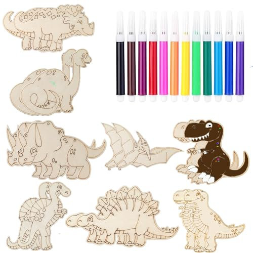 YIEUR 16 Stück Dinosaurier Holz Bastel Set Bemalen, Kindergeburtstag Holz Dinosaurier Scheiben Basteln Kinder, Dinosaurier Holzscheiben zum Bemalen für Kinder Handwerk Hochzeiten Dekoration (Dino)