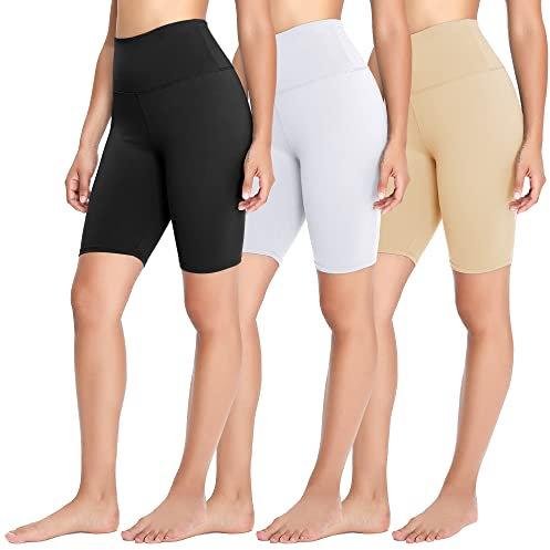 FOTOCITI 3er Pack Radlerhose Damen High Waist Kurze Sporthose Elastisch Shorts Sommer Leggings Hosen für Sport Yoga Gym(02#Schwarz+Weiss+Hautfarbe, S-M)