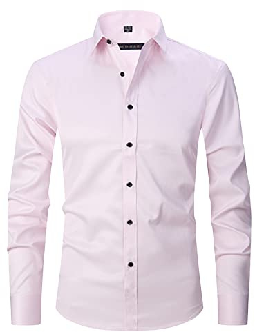 ATOFY Camicia da uomo a maniche lunghe Slim Fit Casual Botton-Down Camicie solide, Rosa, L