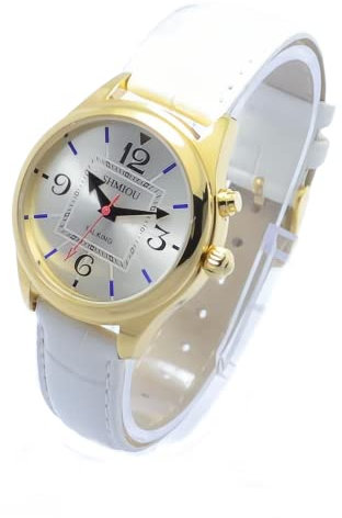SHMIOU Montre parlante française pour aveugles Seniors malvoyants Montre Bracelet Femme en Cuir Blanc XM-FR-230401