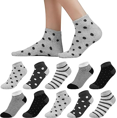 10 Paires Chaussettes Cheville Femme 39-42/35-38, Socquettes en Coton pour Fille, Chaussettes Courtes avec Rayures et Points et Motif