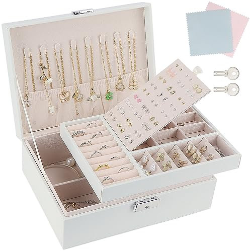 TEIVUL Jewellery Box,2 Layer PU Leather Jewelry Box Organiser with 2 Keys,Suitable for Rings Earrings Necklaces Bracelets Accessories, Jewellery Box Gifts for Women Girls(White)