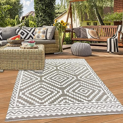 Teppich-Traum Outdoor Teppich recycelbar wasserfest Kunststoff Balkon Terrasse Garten Camping Picknick grau weiß Aztekenmuster 150x220 cm