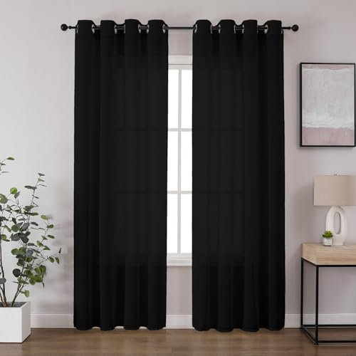 CUCRAF Leinen Voile Vorhänge mit Ösen Lichtfilterung Gardine für Schlafzimmer Wohnzimmer, Schwarz, H160 x B140cm 2er Set