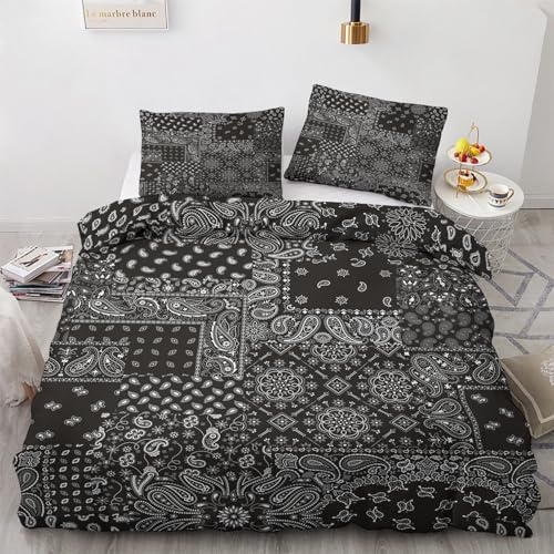 GEDAEUBA Winter Bettwäsche 135x200 Bandana - Schwarz Weiß Paisley Bettbezug 135 x 200 2er Set, Wendebettwäsche und Kissenbezug 80x80, Weiche & Angenehme Mikrofaser Bettwäsche-Sets mit Reißverschluss