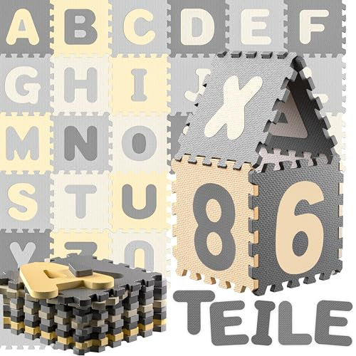 Spielwerk® 86-teilige Puzzlematte Baby, Grau - 3,3m² Buchstabenteppich - ABC Matten für Kinder, Spielunterlage Boden, Gummimatte Kinderzimmer, Puzzleteppich Baby, Spielteppich für Kinder