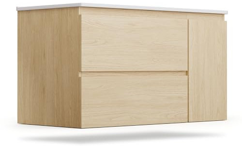 blumfeldt Johnstone Meuble Lavabo Salle de Bain – Bois Naturel, 90 cm Lavabo Céramique, Rangement Spacieux, Charnières Soft-Close, Matériau Résistant à l'Humidité – Assemblage Facile