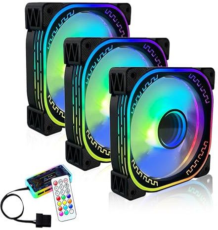 120mm RGB PC Case Fans 3 Pack with Adjustable Color Controlled by Remote - 12V Quiet Gaming Computer LED CPU Cooler Chassis Fans Black