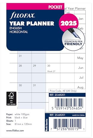 Filofax Kalender-Tagebuch-Nachfüllpackung, Taschenformat, horizontaler Jahresplaner, weißes Papier, Englisch, 2025 (C68201-25)