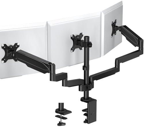 Soporte Triple para Tres Monitores de 13 a 27 Pulgadas WHYFONE Brazo de Monitor Ajustable en Altura, Soporte de Monitor con Resorte de Gas, 2 Opciones Instalación, hasta 8kg, VESA 75/100mm