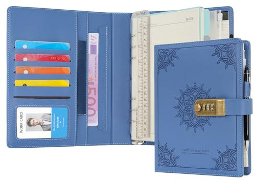 WASON Diary with Lock A5 Binder Ruled Spiral Notebook Journal Planner Portfolio and Refillable Writing Lined Paper Notepad, Pen, Clipboard Organizer For Ideal Business, School & Travel (Light blue)
