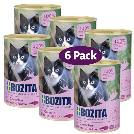 Bozita Paté Garnele Getreidefrei – 6x400g Nassfutter für Katzen & Kitten. Alleinfutter mit 9,5 % Protein & 5 % Fett aus hochwertigen, natürlichen Zutaten ohne Getreide - aus Schweden