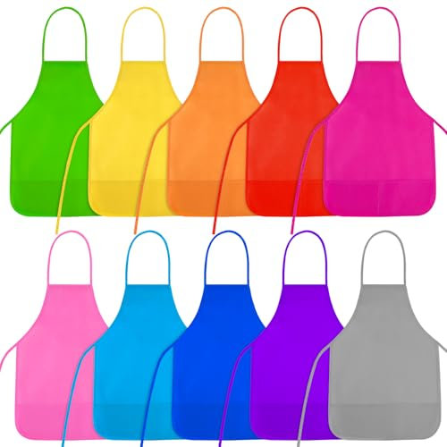 NACHLYNN 10 Pack Kids Painting Apron Kids Art Aprons Bulk Toddler Paint Apron Smock with 2 Pockets for Craft Kitchen Classroom Home Painting Activity (Multicolor)
