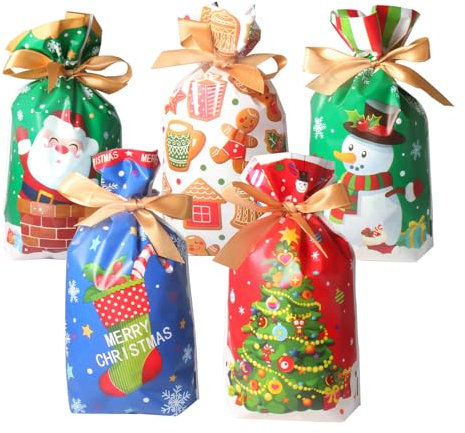 Fyavdio Weihnachten Candy Bags, 50 Stück Weihnachten Taschen mit Bunten Drawstring, Wrapping Geschenk Holiday's Gift Bags, Xmas Geschenk behandeln Taschen, Geschenkverpackungen