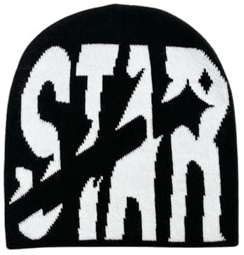 2THESTARS Y2K Beanie für Herren und Damen, Strickmütze, Wintermütze, Stern-Design, warm, lässig, Skullies, kaltes Wetter, gestrickt, Outdoor, Schwarz, MEDIUM