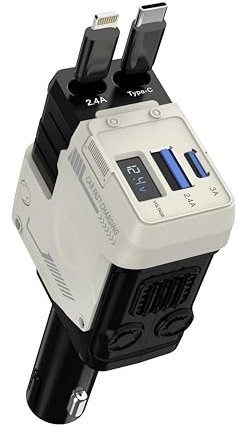 TicEaik 4 in 1 Car Charger Retractable [120W USB C ], Car Charger Adapter with Retractable Cables and Voltage DisplayWith USB/USB-C Ports Compatible with iPhone, Android, Samsung Galaxy