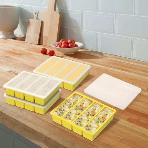 Lot de 4 Plateaux de Congélation en Silicone Avec Couvercle Flexible à 4 Compartiments pour Soupe, Aliments - Préparation des Repas et Conservation des Restes