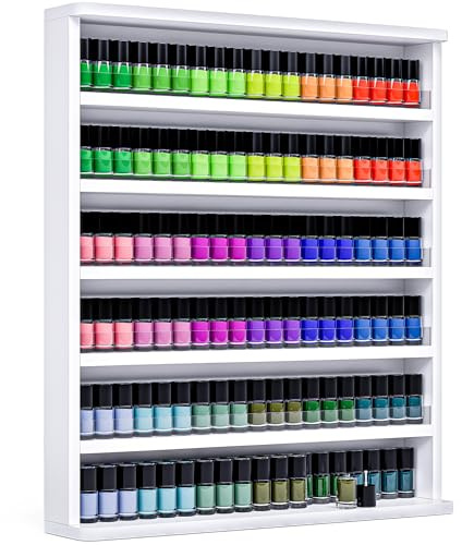 Kikihouse Wood Nail Polish Rack,6 Layers Wall Mount Nail Polish Organizer | Holds 120+Bottles, Anti-Drop Acrylic Baffles, Nail Salon Storage & Display Shelf, Perfume Bottles Essential Oil Holder