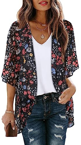 Womens Tops Floral Print Open Front Kimono Cardigan Casual Bikini Cover Up(Small Flower,2XL)